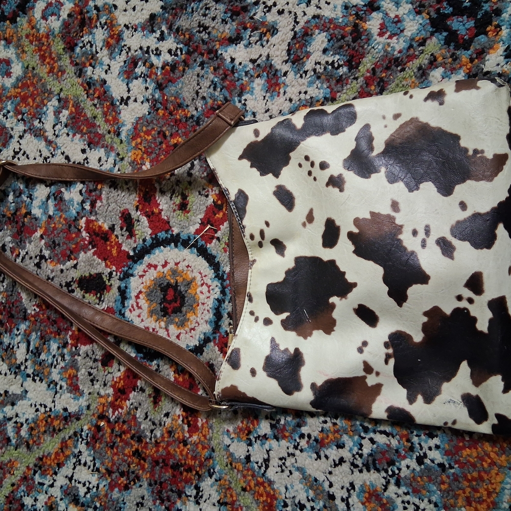 Cow Print Tote Bag with Brown Straps